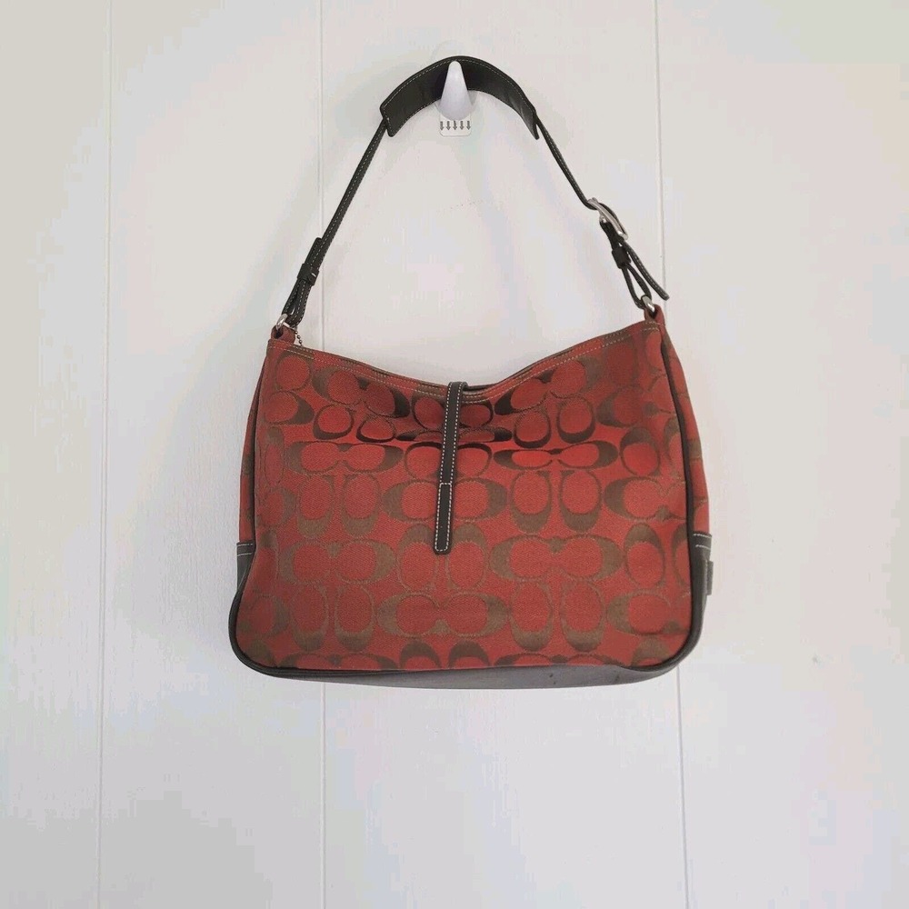 COACH Hampton Clip Brown Red Signature Jacquard Hobo Shoulder Bag 6091 Small - Picture 2 of 15